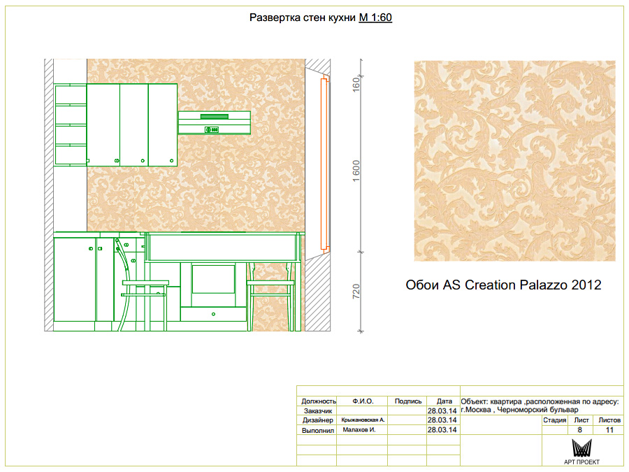 Развертка стен кухни Дизайн-проект интерьера квартиры 33,6 кв.м.