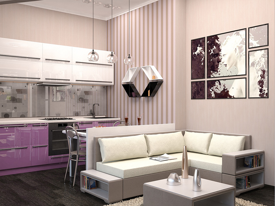 Дизайн интерьера совмещенной гостиной-кухни. Промежуточные варианты 1.