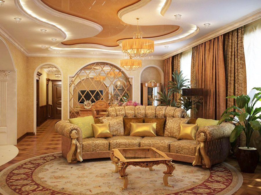 Золотой цвет в интерьере гостиных